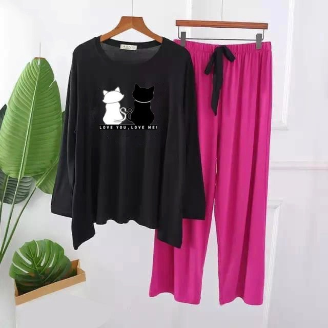 2-Cat Graphic Long Shirt and trouser Night Wear