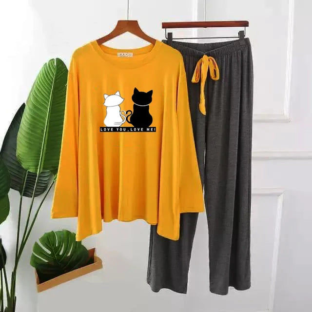 Love You Love Me 2 Cat Printed Long wear Casual Night Wear Dress