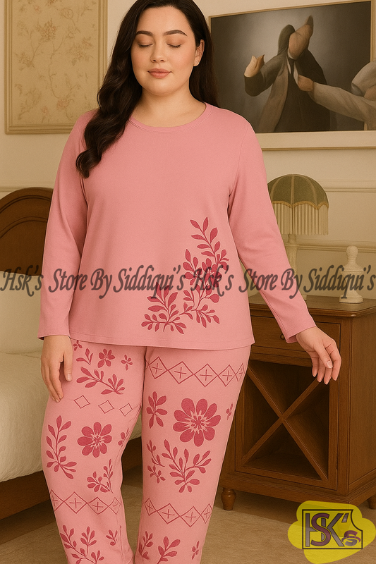 Pink Floral Full Sleeves Printed Casual Night Dress With Matching Trousers