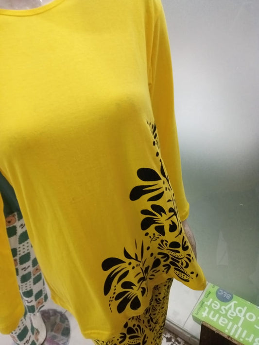 Yellow Floral Full Sleeves Printed Casual Night Dress With Matching Trousers