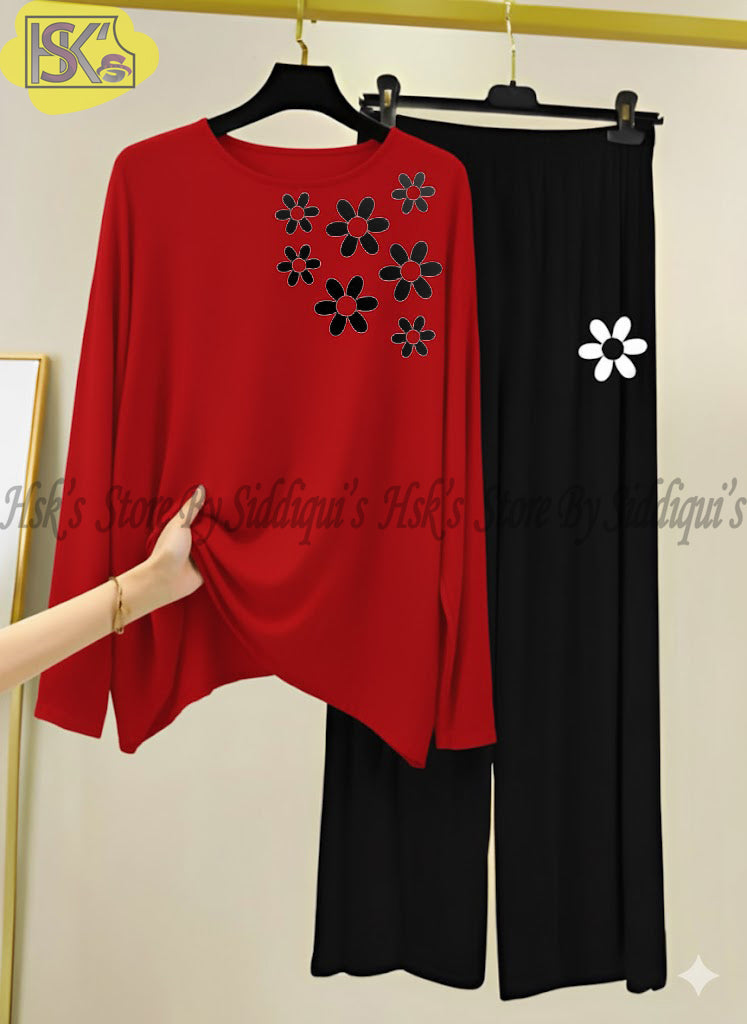 Red Floral Printed Full Sleeves Night Suit with Black Trousers