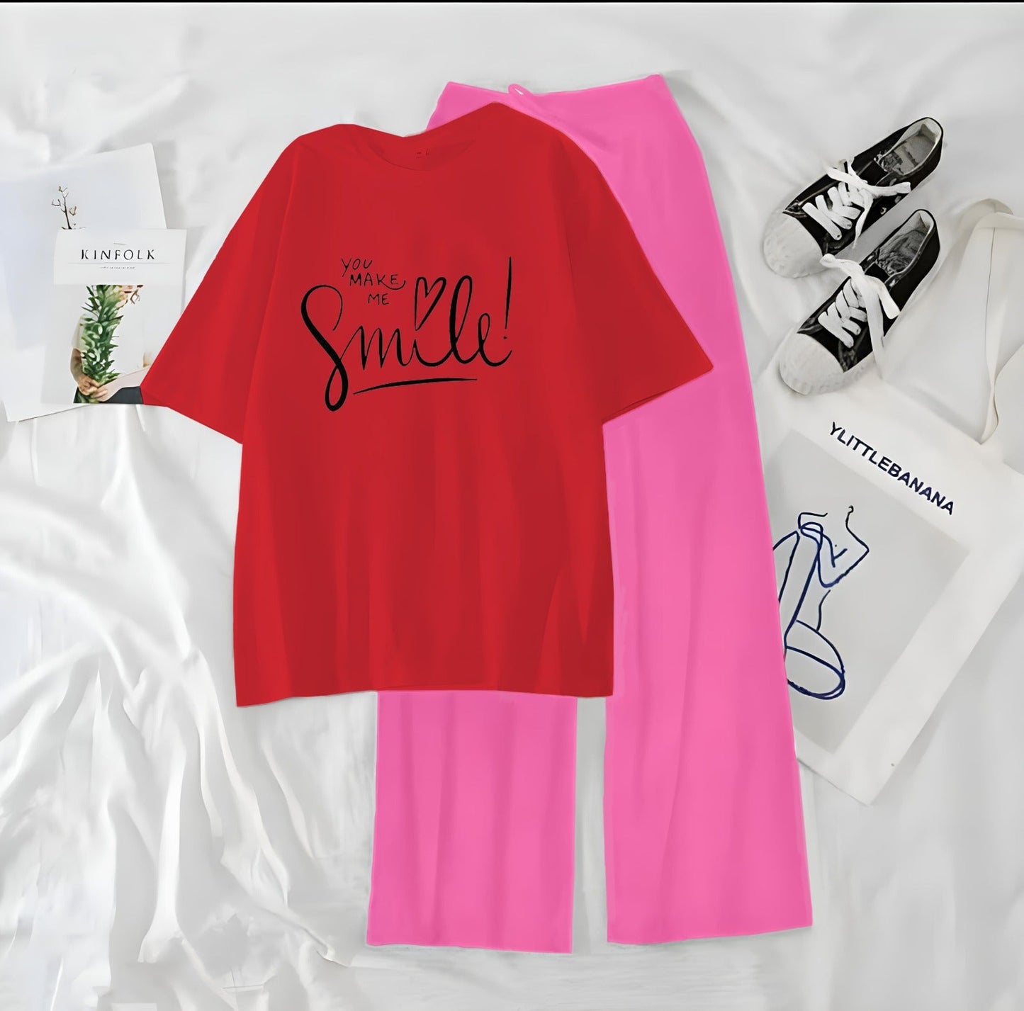 Women’s Graphic Print T-Shirt & Wide Leg Palazzo Lounge Set – Soft Casual Co-Ord Nightwear