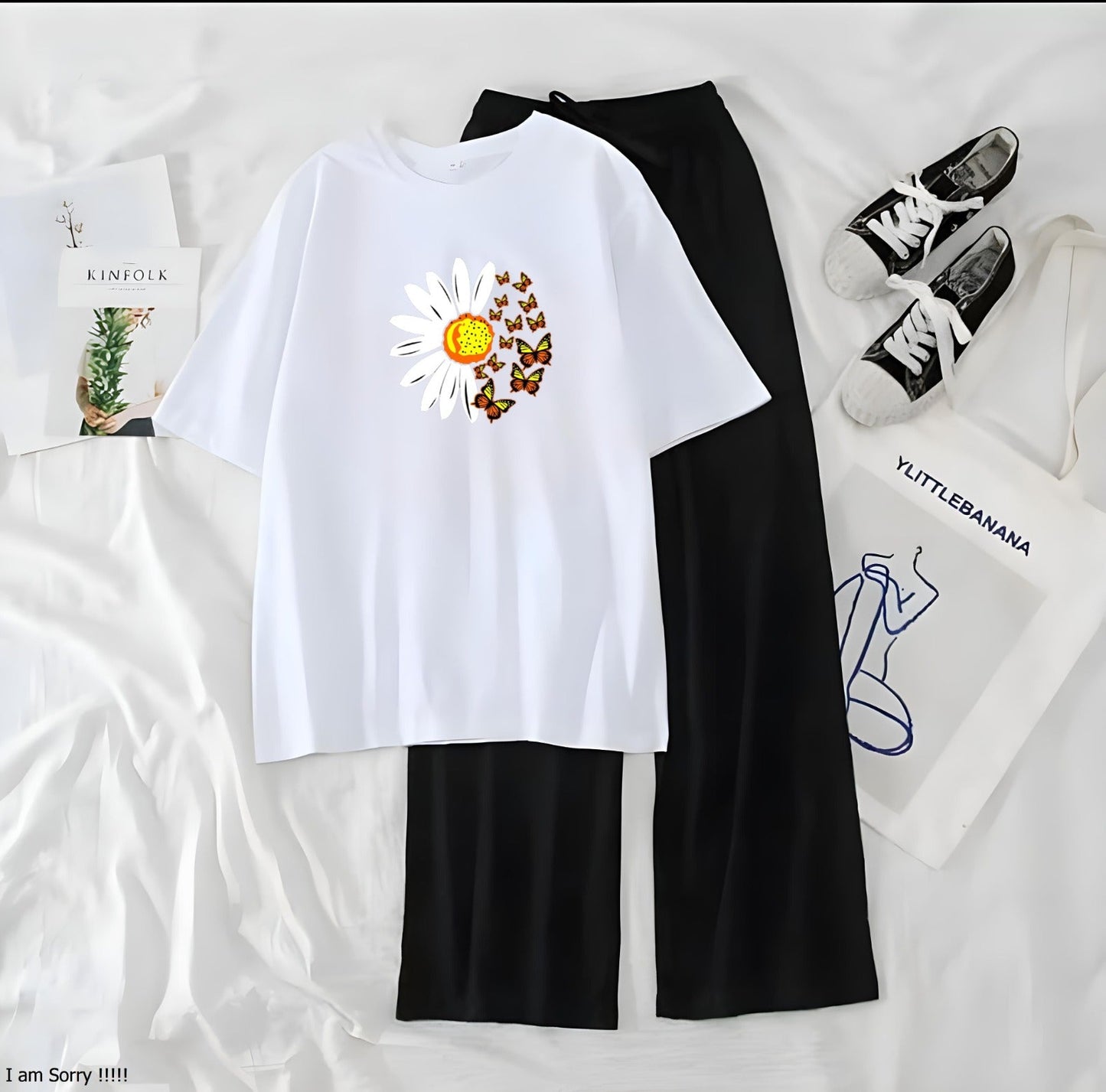 Women’s Graphic Print T-Shirt & Wide Leg Palazzo Lounge Set – Soft Casual Co-Ord Nightwear