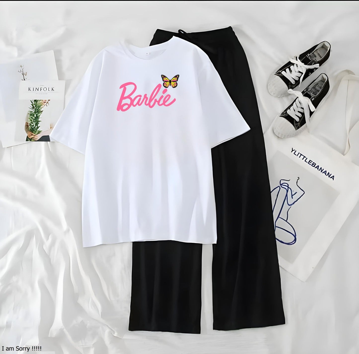 Women’s Graphic Print T-Shirt & Wide Leg Palazzo Lounge Set – Soft Casual Co-Ord Nightwear