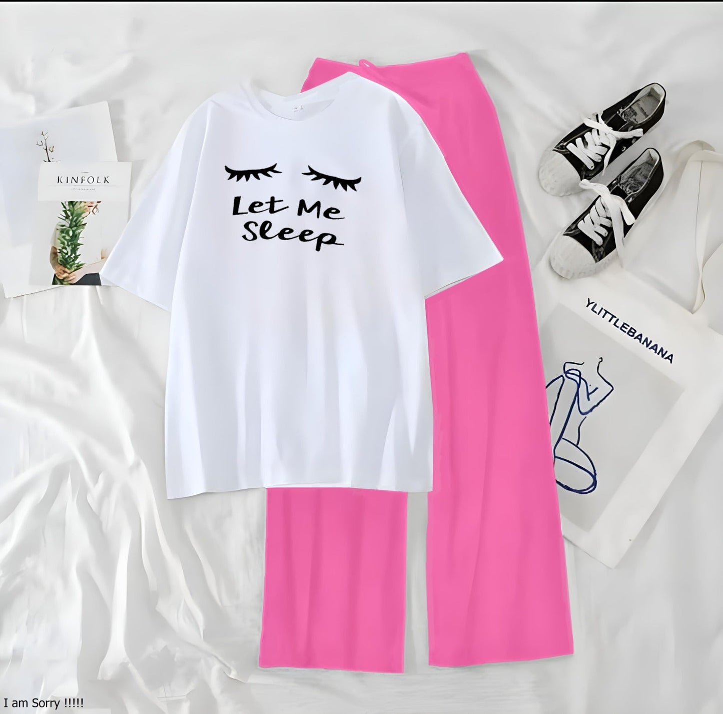 Women’s Graphic Print T-Shirt & Wide Leg Palazzo Lounge Set – Soft Casual Co-Ord Nightwear
