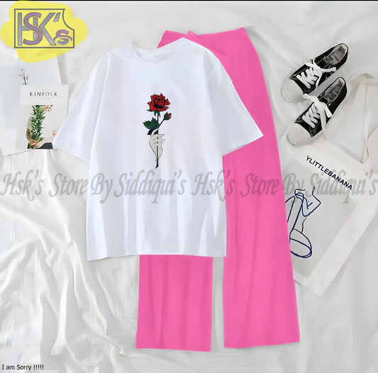 Women’s Graphic Print T-Shirt & Wide Leg Palazzo Lounge Set – Soft Casual Co-Ord Nightwear