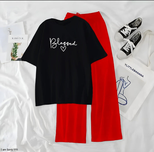 Women’s Graphic Print T-Shirt & Wide Leg Palazzo Lounge Set – Soft Casual Co-Ord Nightwear