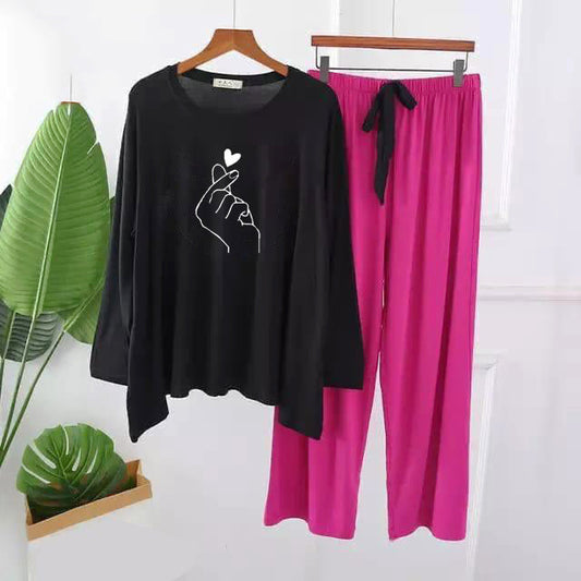 Premium Hand Heart Print Full Sleeves Pajama Set for Women