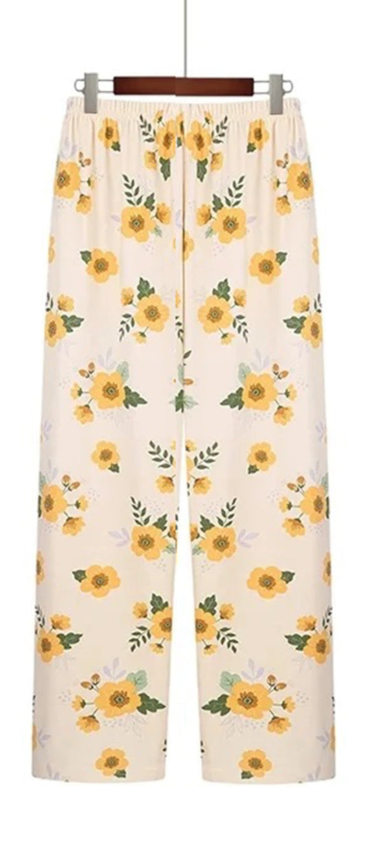 Pack of Two Comfy Casual Pajama Pants Floral Print Drawstring Palazzo Lounge Pants Wide Leg