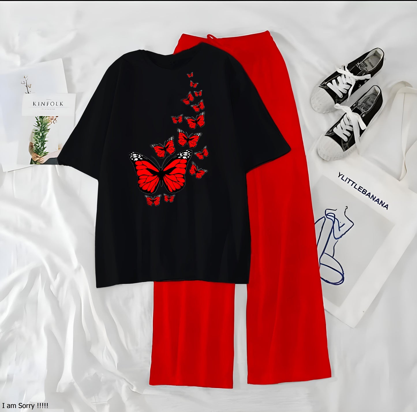 Red Little Butterfly Printed Night Wear Casual Dress