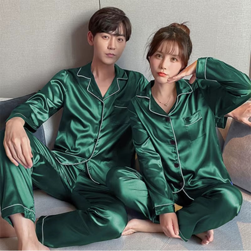 Dark Green Nighty Finely Stitched Silk Satin Pajama Set – Luxurious Nightwear for couple