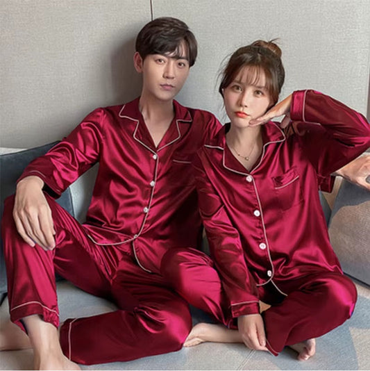 Red Nighty Finely Stitched Silk Satin Pajama Set – Luxurious Nightwear for couple