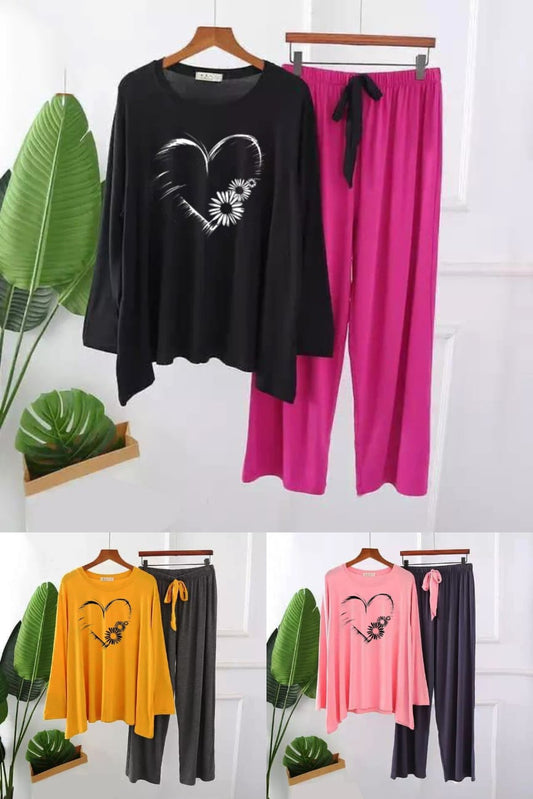 Heart Print Full Sleeves Night Suit