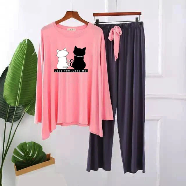 Love You Love Me 2 Cat Printed Long wear Casual Night Wear Dress