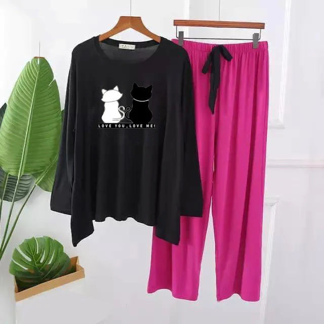 Love You Love Me 2 Cat Printed Long wear Casual Night Wear Dress