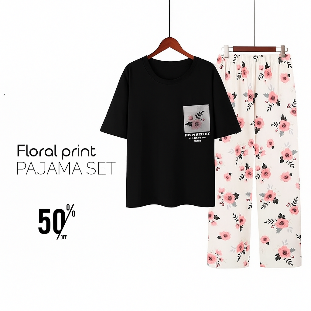 Premium Pocket Style Printed Black T-shirt with White Floral Trouser