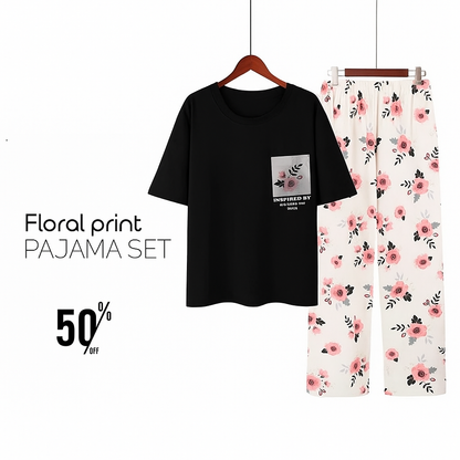 Premium Pocket Style Printed Black T-shirt with White Floral Trouser