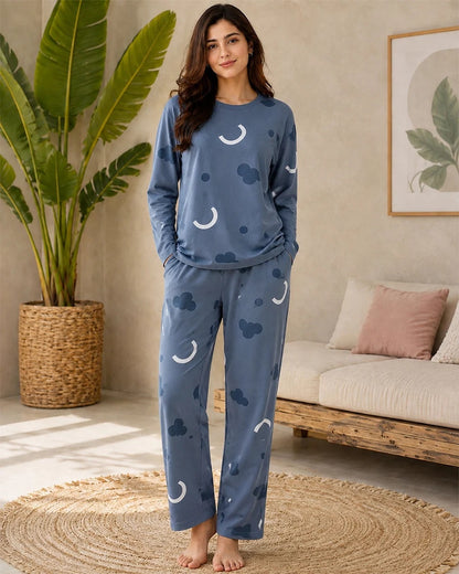 Blue Cloud Printed Full Sleeves Dress