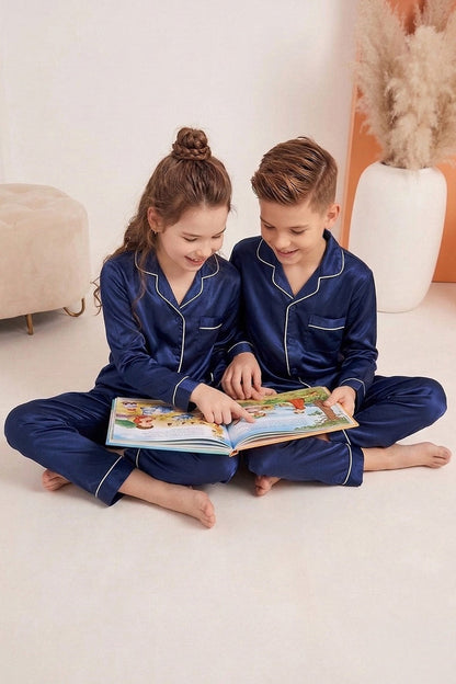 Navy Blue Luxury Silk Satin Sleepwear Set for Kids