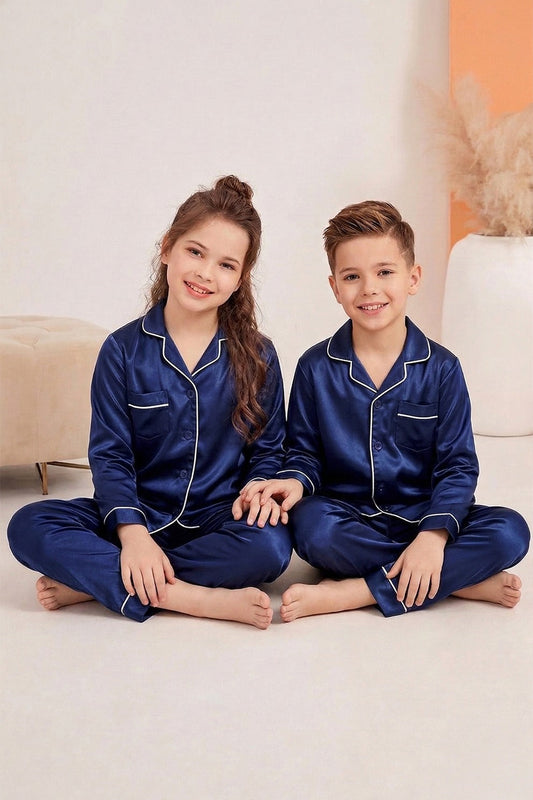 Navy Blue Luxury Silk Satin Sleepwear Set for Kids
