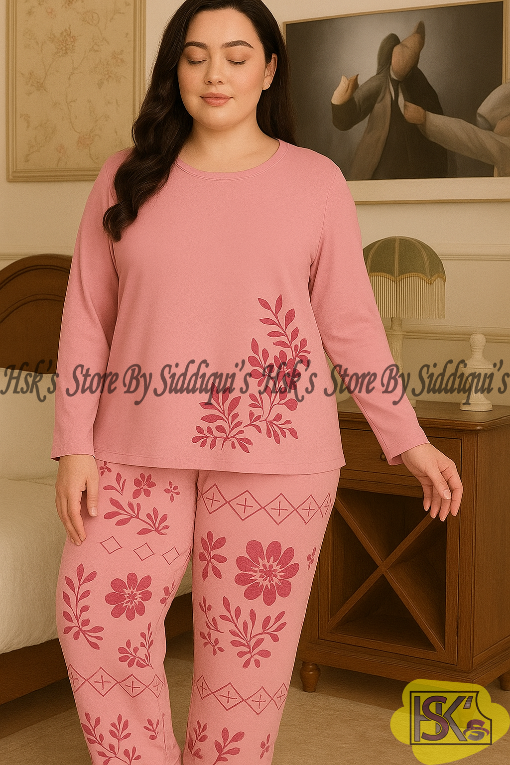 Pink Floral Full Sleeves Printed Casual Night Dress With Matching Trousers