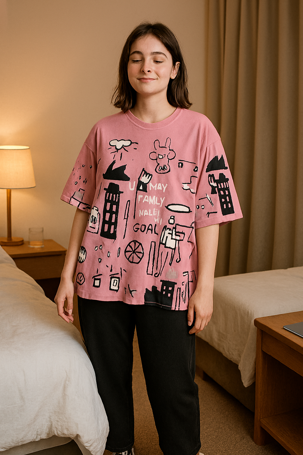 Baby Pink Graphic Printed T-shirt with Sold Black Trouser Dress