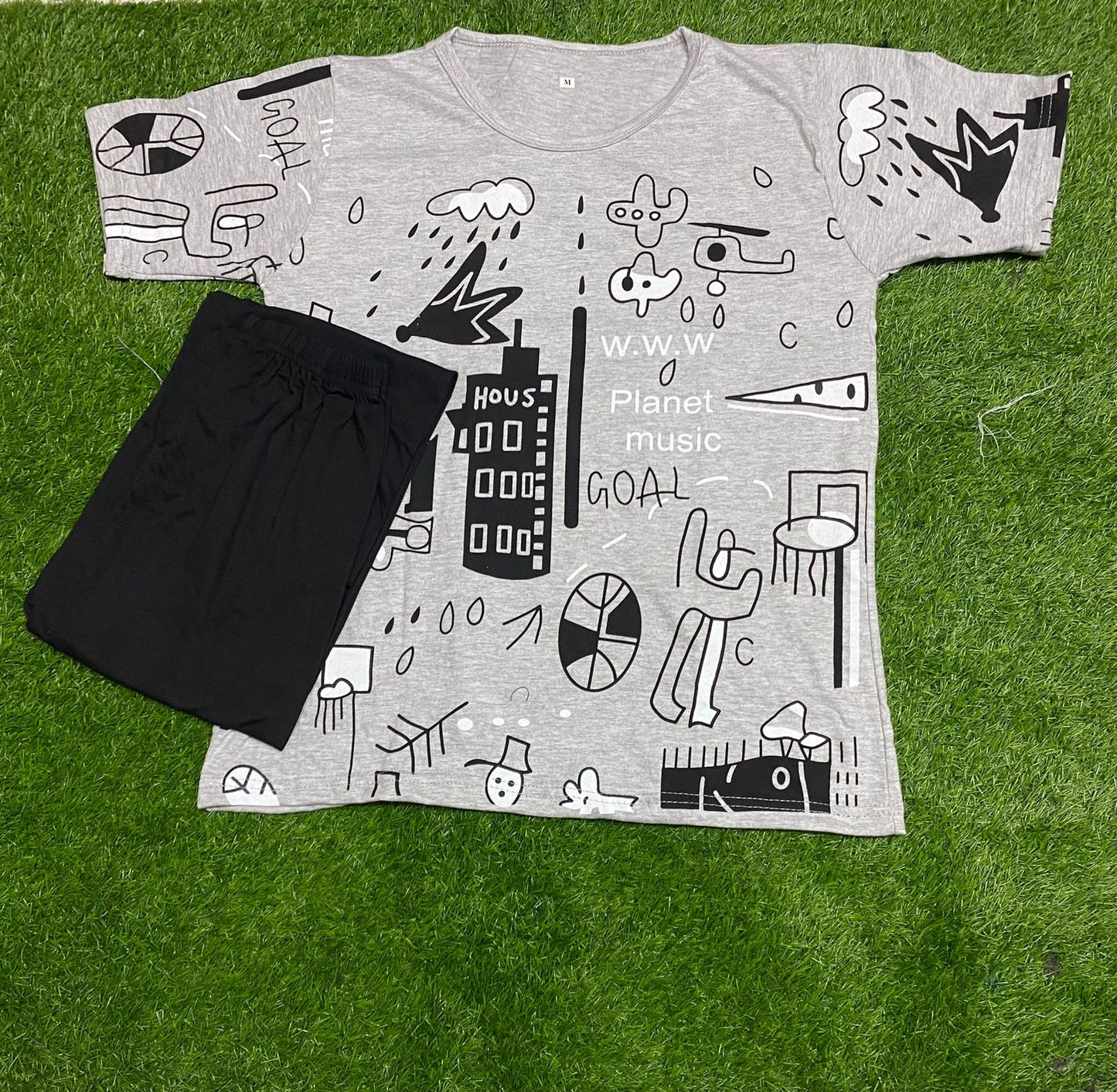 Grey Graphic Printed T-shirt with Sold Black Trouser Dress