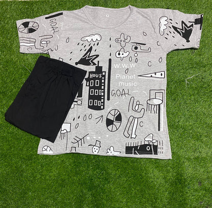 Grey Graphic Printed T-shirt with Sold Black Trouser Dress
