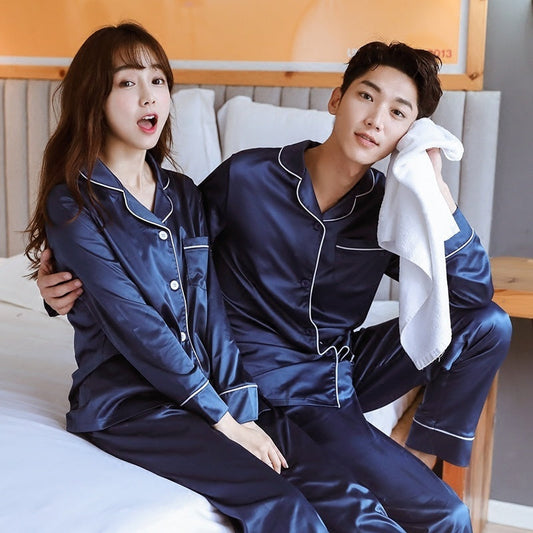 Navy Blue Nighty Finely Stitched Silk Satin Pajama Set – Luxurious Nightwear for couple