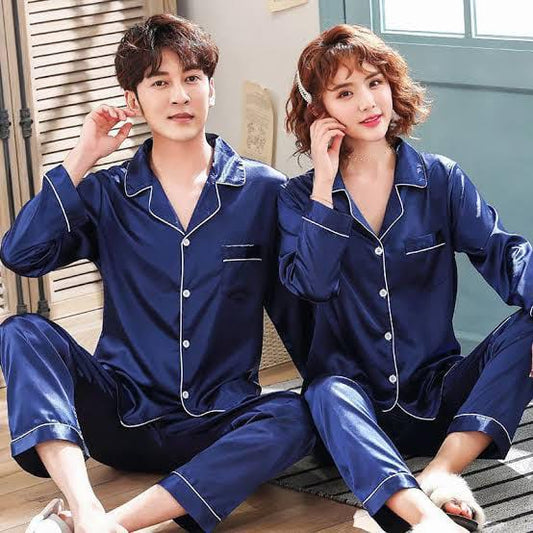 Navy Blue Nighty Finely Stitched Silk Satin Pajama Set – Luxurious Nightwear for couple