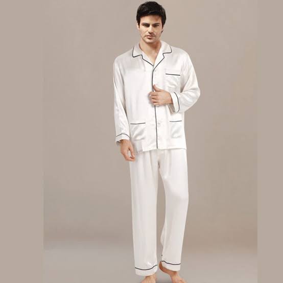 White Nighty Finely Stitched Men’s Silk Satin Pajama Set – Luxurious Nightwear for Men