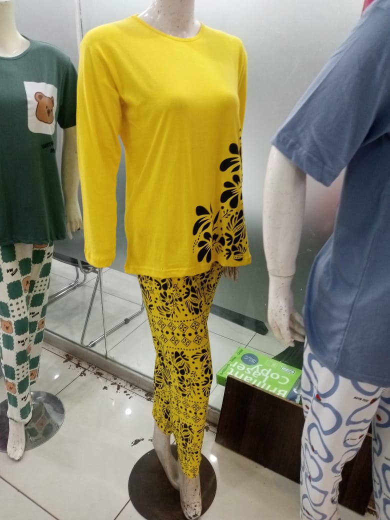 Yellow Floral Full Sleeves Printed Casual Night Dress With Matching Trousers