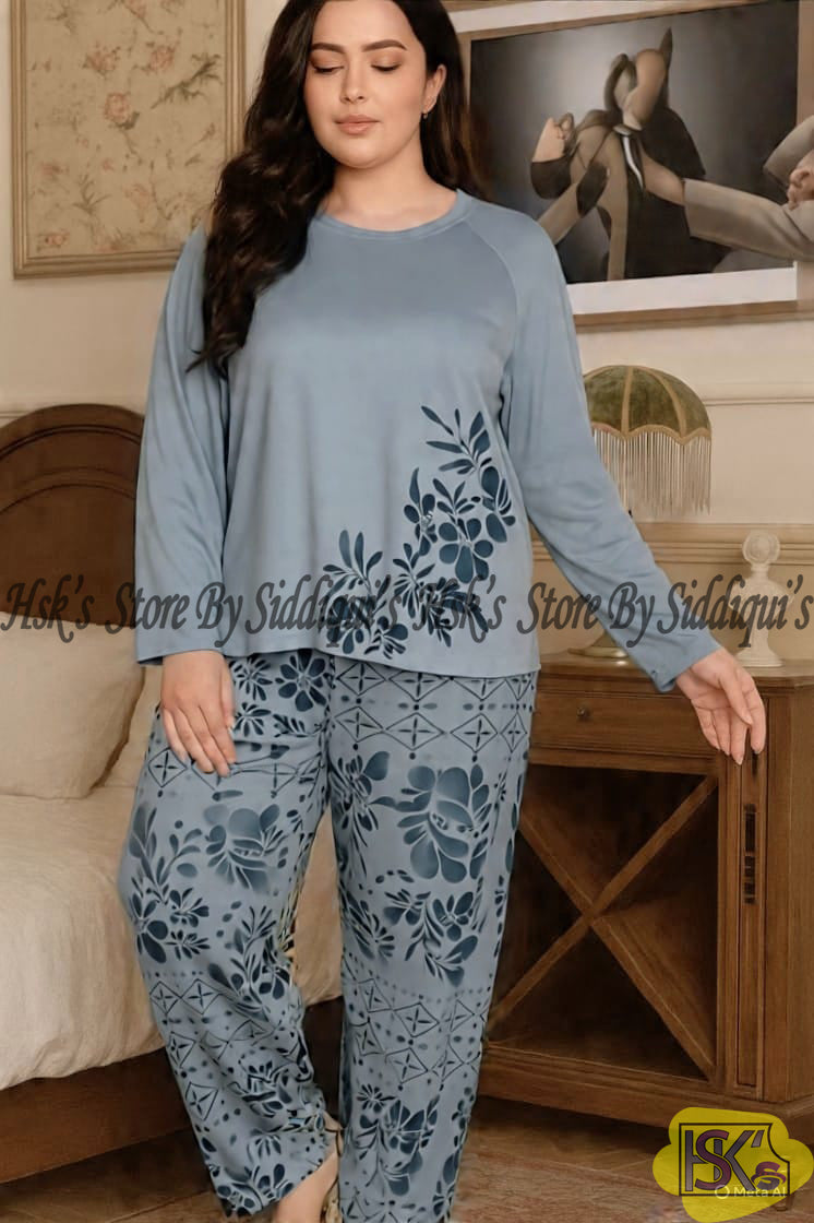 Grey Floral Full Sleeves Printed Casual Night Dress With Matching Trousers