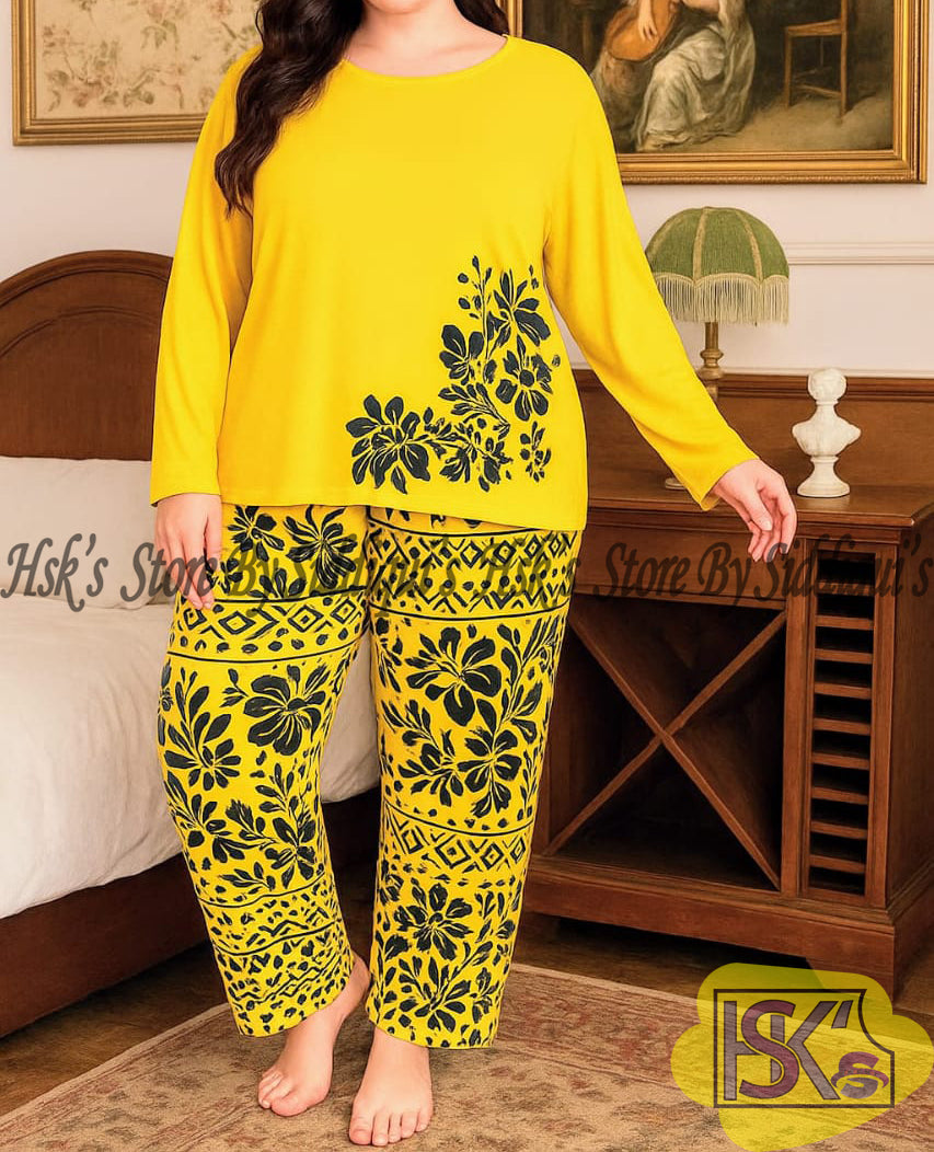 Yellow Floral Full Sleeves Printed Casual Night Dress With Matching Trousers