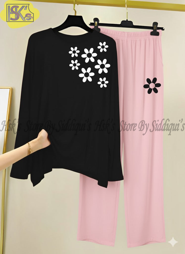 Black Floral Printed  Full Sleeves Night Suit with Pink Trousers