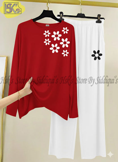 Red Floral Printed  Full Sleeves Night Suit with White Trousers