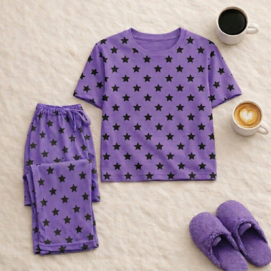Purple Little Stars Printed Half Sleeves Dress