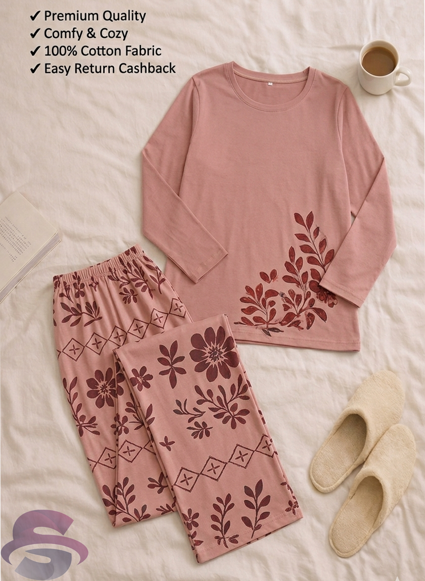 Pink Floral Full Sleeves Printed Casual Night Dress With Matching Trousers