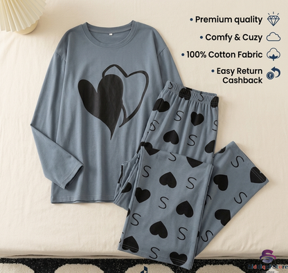 Grey Double Heart Printed Full Sleeves T-shirt with Little Heart Printed Matching Trousers