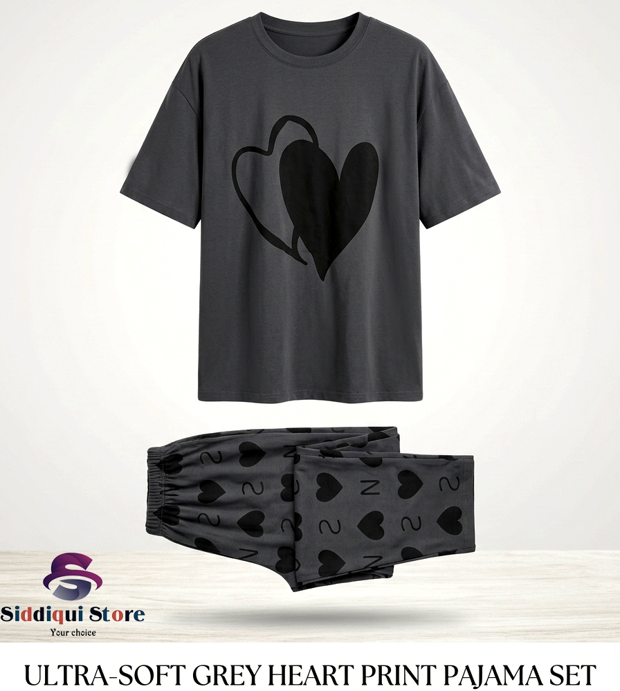 Grey Double Heart Printed Full Sleeves T-shirt with Little Heart Printed Matching Trousers