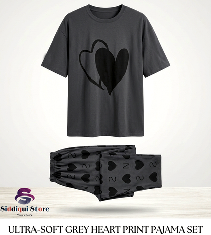 Grey Double Heart Printed Full Sleeves T-shirt with Little Heart Printed Matching Trousers