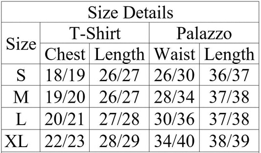 Size chart for T-shirt and palazzo pants with measurements in centimeters.