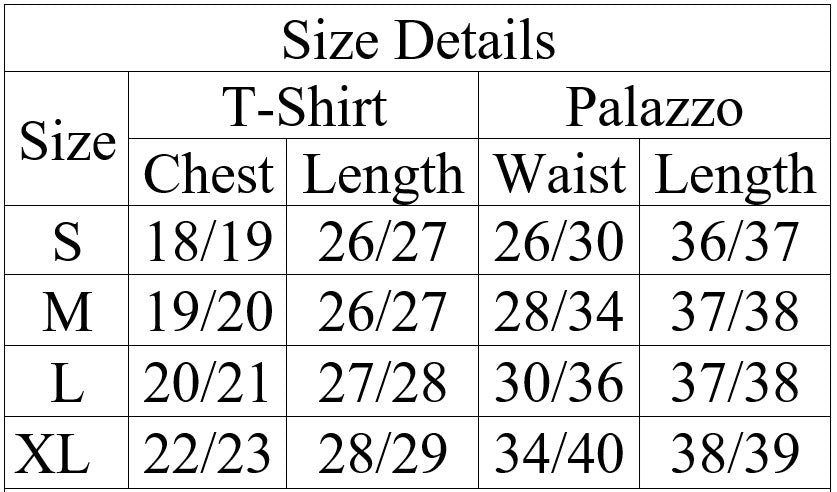 Size chart for T-shirt and palazzo pants with measurements in centimeters.
