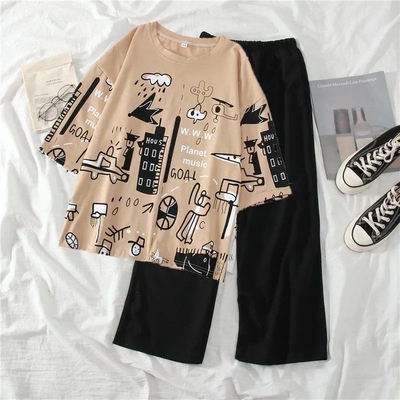Brown Graphic Planet Printed T-shirt with Sold Black Trouser Dress