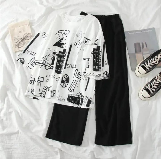 White Graphic Printed T-shirt with Sold Black Trouser Dress