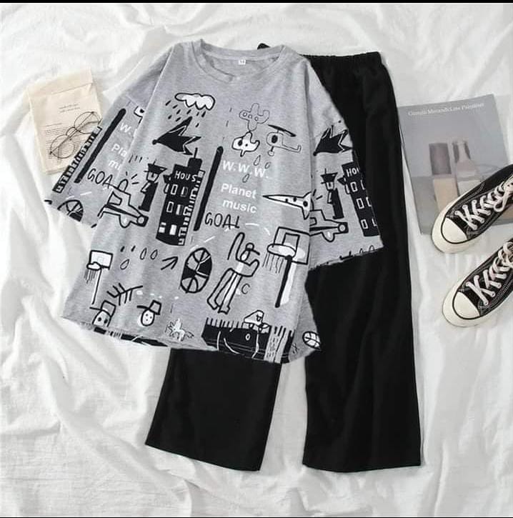 Grey Graphic Printed T-shirt with Sold Black Trouser Dress