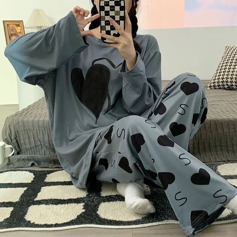 Grey Double Heart Printed Full Sleeves T-shirt with Little Heart Printed Matching Trousers
