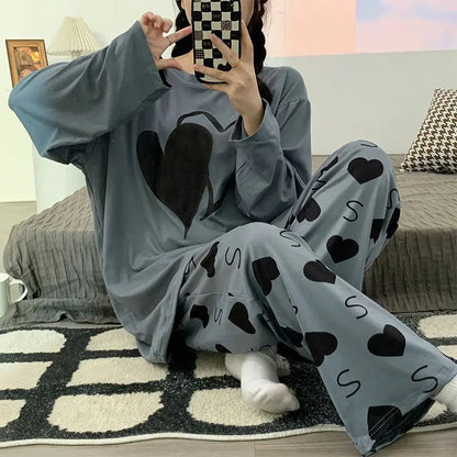 Grey Double Heart Printed Full Sleeves T-shirt with Little Heart Printed Matching Trousers