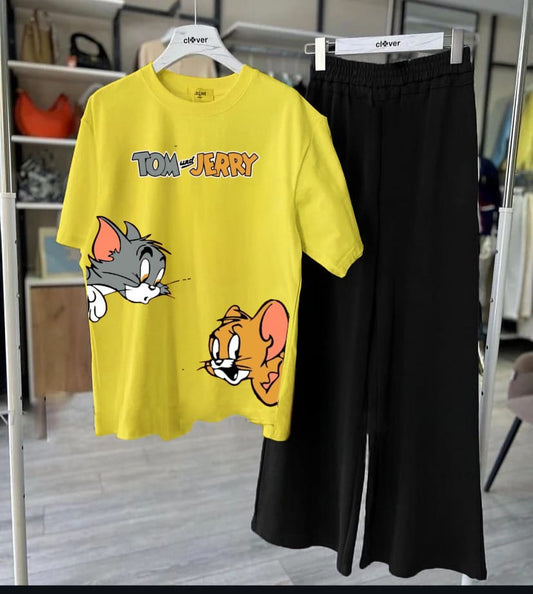YellowTom and Jerry Cute Cartoon Printed Two Piece Dress Night Wear & Casual Wear Premium Soft Cotton Jersey Nightwear for Women – Ultimate Comfort & Style