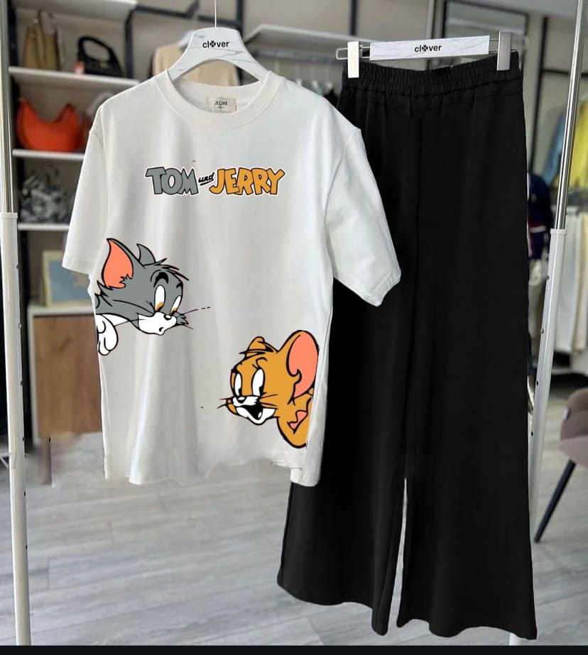 White Tom and Jerry Cute Cartoon Printed Two Piece Dress Night Wear & Casual Wear Premium Soft Cotton Jersey Nightwear for Women – Ultimate Comfort & Style